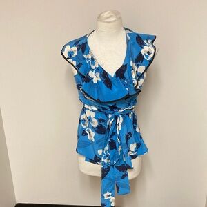 Yumi Kim Blue and White Floral Silk Wrap Blouse